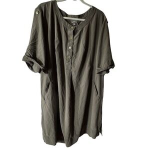 J.Jill Dress XL Gray Taupe Silk‎ Short Sleeve 1/2 Button Oversized